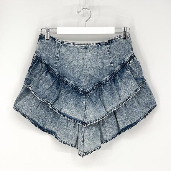 MOTHER The Ruffle Denim Mini Skirt Threading The Needle Blue Wash Size 27 - Picture 7 of 7